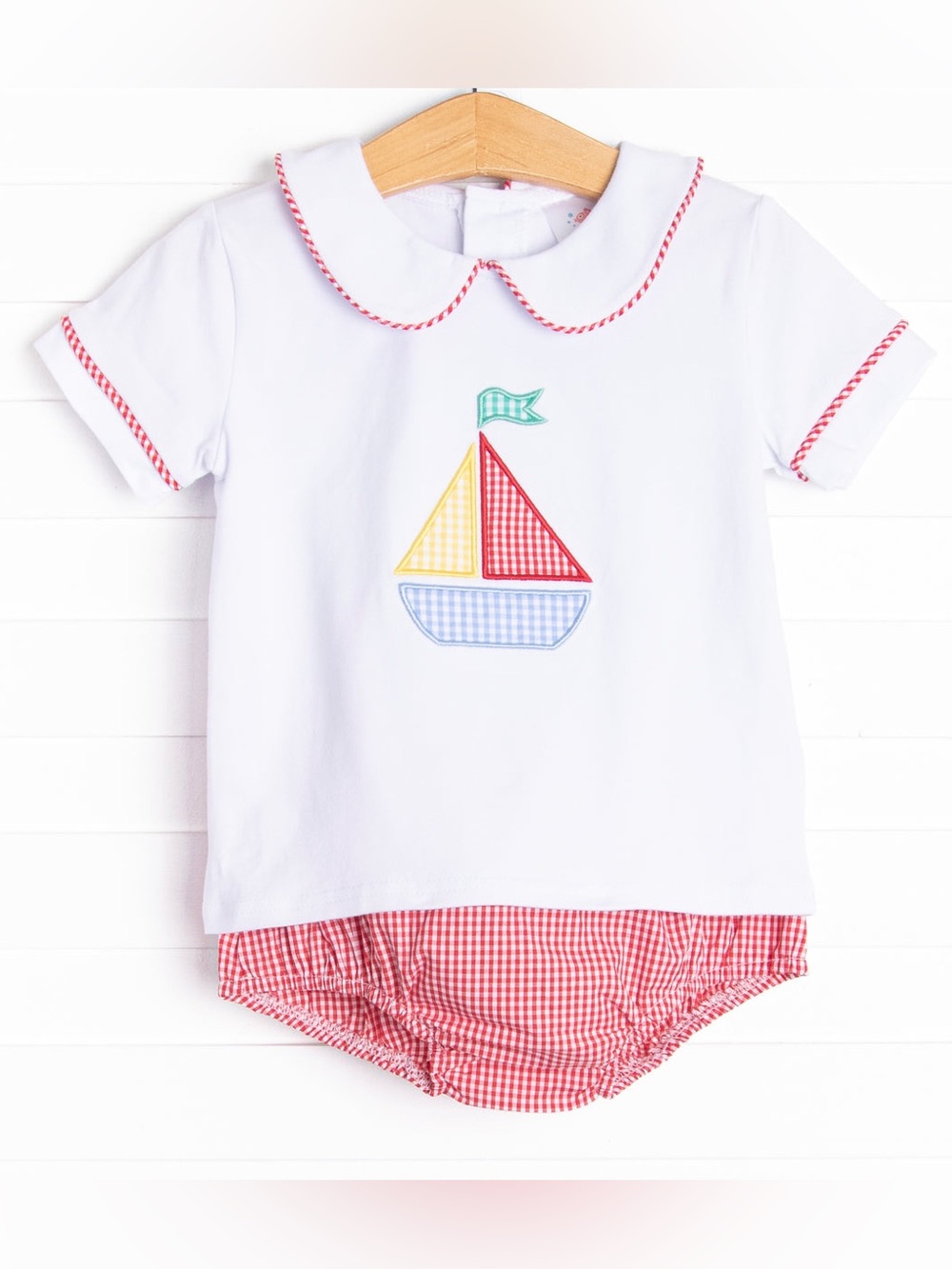 Stitchy Fish Set sailboat applique Blue Sky Breeze peter pan tee Diaper shorts